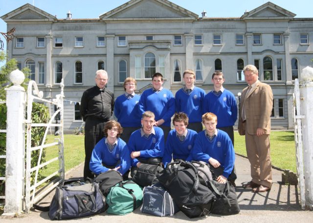 Some of the final boarders all packed up at Knockbeg College on the last day pictured with Fr. MIchael Murphy and Principal Mr. Cyril Hughes. From left, back: Philip Cantwell, Wexford; Andrew O'Regan, Waterford; Pádraig Doyle, Wexford and Liam Gahan, Wexford. Front: Seán Daly, Crettyard; Jonathan Fitzpatrick, Kilkenny; Mark Holt, Wicklow and James Griffin, Tullow. Picture: Alf Harvey.