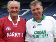 The late Michael Walsh of Ballinakill, pictured left, with Eddie Dunne, right, of Ballyfin who were in goal for their clubs in the Junior B Hurling final in 2003. They faced each other in the Intermediate final 33 years previously. Picture: Alf Harvey