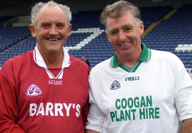 The late Michael Walsh of Ballinakill, pictured left, with Eddie Dunne, right, of Ballyfin who were in goal for their clubs in the Junior B Hurling final in 2003. They faced each other in the Intermediate final 33 years previously. Picture: Alf Harvey