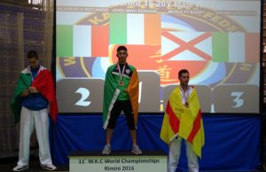 Eoghan on the podium following his win at the WKC World Karate Championship in the U-21 Lightweight division