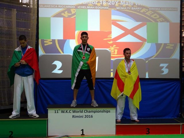 Eoghan on the podium following his win at the WKC World Karate Championship in the U-21 Lightweight division