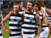 Zach Tuohy celebrates after his first Geelong game