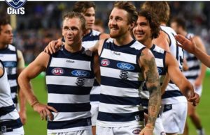Zach Tuohy celebrates after his first Geelong game