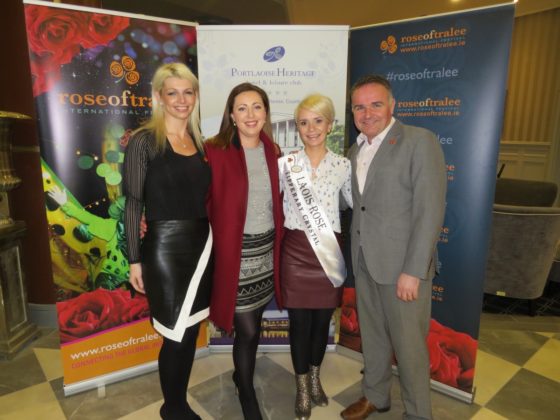 Lyn Moloney (Laois Rose co-ordinator), Emily Miller (LaoisToday.ie0, Kate Hyland (2016 Laois Rose) and Steve Cronley (Commercial Manager, Rose of Tralee) in the Portlaoise Heritage Hotel on Sunday evening