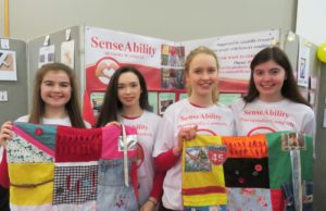 Ellen McWey, Arianna Mezzepelle, Ruth Bergin and Megan Walsh from Heywood CS with their product - a sensory blanket for people suffering from dementia or other sensory products. Their mini company is called SenseAbility. They were the outright winners at the Laois Student Enterprise Programme in Portlaoise this afternoon