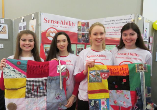 Ellen McWey, Arianna Mezzepelle, Ruth Bergin and Megan Walsh from Heywood CS with their product - a sensory blanket for people suffering from dementia or other sensory products. Their mini company is called SenseAbility. They were the outright winners at the Laois Student Enterprise Programme in Portlaoise this afternoon