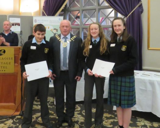 Junior Award winners, David Grehan of Easy Lighters and Caoimhe Kelly and Niamh Donagher of Bags of Joy, from Clonaslee College with Tom Mulhall