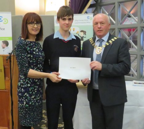 Merit Award winner Cillian Fitzpatrick of Smart Suck from Mountrath CS with Evelyn Reddin and Tom Mulhall