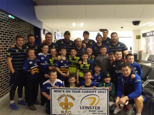 Members of the Portlaoise RFC team with members of Leinster Rugby squad