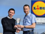 Laois manager Kevin Doogue, left, is presented with the Lidl / Irish Daily Star Ladies Football Manager of the Month award for February by Tomasz Szadkowski, Deputy Store Manager, Lidl Portlaoise, at the Lidl Store in Portlaoise