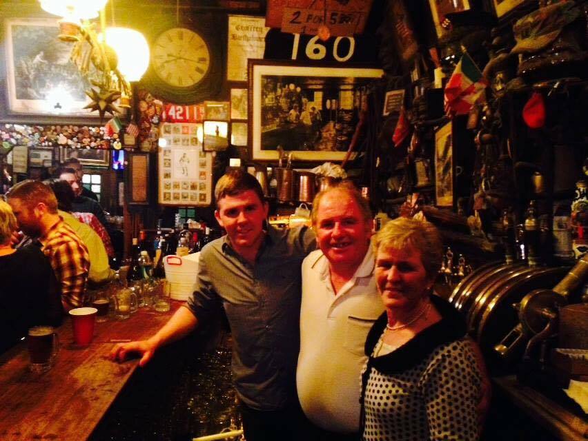 Shane Buggy, Ned Buggy and Mary Buggy in Shane's bar in New York