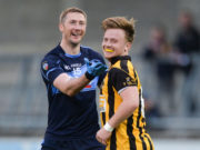 Billy Sheehan of St Jude's shares a joke with Jordan Briggs of Naomh Mearnóg during the Dublin County Senior Club Football Championship Round 1 match