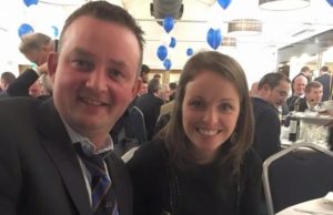 Portarlington referee Clive Wardrop with his wife Anne-Marie receiving his referee of the year award