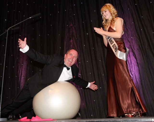 Brendan Hennessy was put through his paces by fitness instructor Rachel Fawsitt at the Laois Rose selection night in the Portlaoise Heritage Hotel. Picture: Alf Harvey.