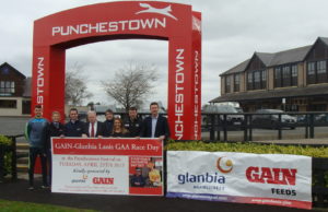 Colm Begley (Laois Senior Footballer), Nikki Wallace (Brand Manager GAIN Equine Nutrition), Eoin O'Riordan (Dairy Advisor Glanbia Ingredients Ireland), Martin Keane (Vice Chairman Glanbia Plc), Kieran Leavy (Assistant Treasurer Laois GAA), Laura Magee (Sponsorship, Sales & Hospitality Punchestown Racecourse), Martin Byrne (Treasurer Laois GAA), John Kealy (Ruminant Sales Manager GAIN Animal Nutrition) at the launch of the Laois GAA Race day in Punchestown