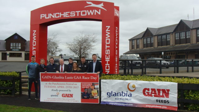 Colm Begley (Laois Senior Footballer), Nikki Wallace (Brand Manager GAIN Equine Nutrition), Eoin O'Riordan (Dairy Advisor Glanbia Ingredients Ireland), Martin Keane (Vice Chairman Glanbia Plc), Kieran Leavy (Assistant Treasurer Laois GAA), Laura Magee (Sponsorship, Sales & Hospitality Punchestown Racecourse), Martin Byrne (Treasurer Laois GAA), John Kealy (Ruminant Sales Manager GAIN Animal Nutrition) at the launch of the Laois GAA Race day in Punchestown