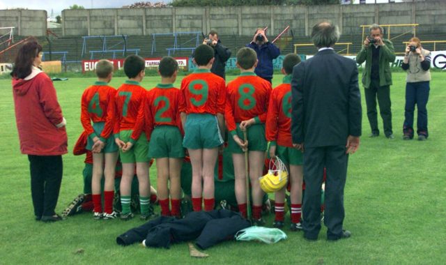 Behind the scenes, Castlecuffe N.S. line up for the cameras at the Cumann Na mBunscoil hurling and camogie finals at O'Moore Park some years ago