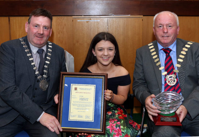 Nicole with Clr. Eddie Fitzpatrick, Cathaoirleach, Offaly and Clr. Tom Mulhall, Cathaoirleach, Laois