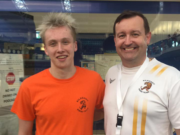 Seán Scannell, pictured with his coach John Duffy, after the Irish Open swim event in April