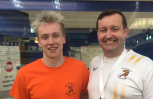 Seán Scannell, pictured with his coach John Duffy, after the Irish Open swim event in April