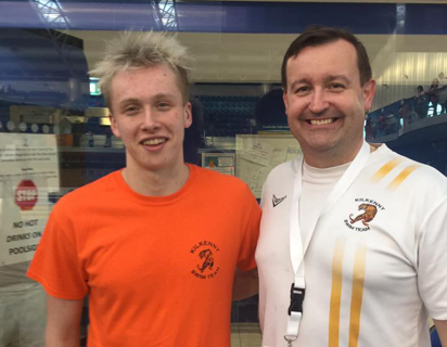 Seán Scannell, pictured with his coach John Duffy, after the Irish Open swim event in April