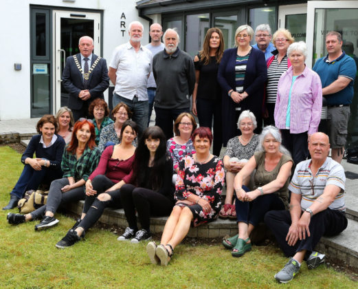 Muireann ni Chonaill ( Arts Officer, Laois Co. Council ), Clr. Tom Mulhall ( Cathaoirleach, Laois Co. Council) and Artist- John Keating , pictured with participants