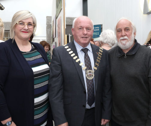 Muireann ni Chonaill ( Arts Officer, Laois Co. Council ), Clr. Tom Mulhall ( Cathaoirleach, Laois Co. Council) and Artist- John Keating