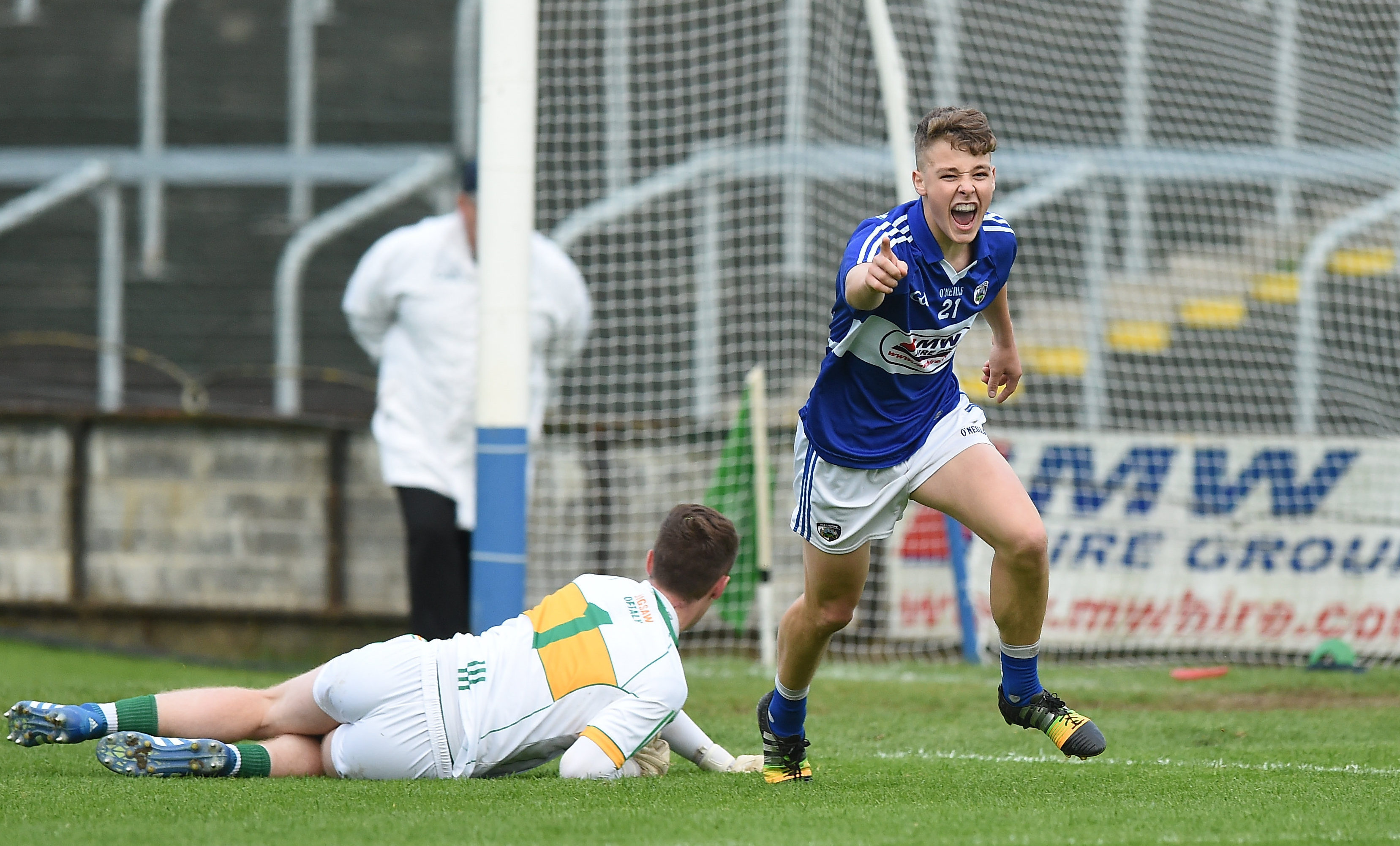 Evan Lowry celebrates after scoring his side's goal during the Leinster Minor Championship Semi-Final match between Laois and Offaly 