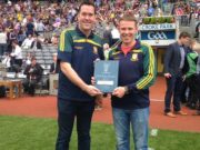 Chairman John Kelly and PRO Brian Ramsbottom collect the Leinster GAA Beko Club Bua Award