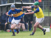 Stephen Bergin, Clough Ballacolla has his jersey tested by David Walsh of Abbeyleix Gaels