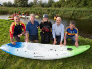 The Harps polo manager Sean Conroy; Michael G Phelan and Alison Bailey (organisers); PJ O'Gorman Cuisle Centre chairman and Danny Hanlon, Clough Ballacolla polo manager at the Erkina Rover at the Woodenbridge for the launch of the Woodenbridge Paddlers (Guinness World Record Attempt) 24 hour Polo in aid of The Cuisle Cancer Support Centre. Starting 22 July at 2pm and finishing Sunday 23 July 2pm.