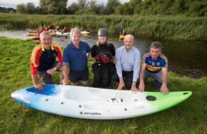 The Harps polo manager Sean Conroy; Michael G Phelan and Alison Bailey (organisers); PJ O'Gorman Cuisle Centre chairman and Danny Hanlon, Clough Ballacolla polo manager at the Erkina Rover at the Woodenbridge for the launch of the Woodenbridge Paddlers (Guinness World Record Attempt) 24 hour Polo in aid of The Cuisle Cancer Support Centre. Starting 22 July at 2pm and finishing Sunday 23 July 2pm.