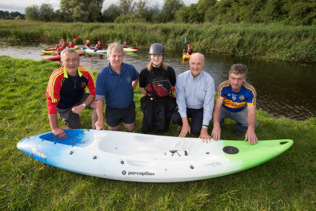 The Harps polo manager Sean Conroy; Michael G Phelan and Alison Bailey (organisers); PJ O'Gorman Cuisle Centre chairman and Danny Hanlon, Clough Ballacolla polo manager at the Erkina Rover at the Woodenbridge for the launch of the Woodenbridge Paddlers (Guinness World Record Attempt) 24 hour Polo in aid of The Cuisle Cancer Support Centre. Starting 22 July at 2pm and finishing Sunday 23 July 2pm.