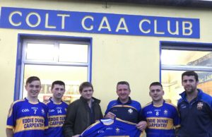 James Keyes, Gearoid Parkinson, Mark McDonald and Enda Phelan (Secretary) with Padraig Dunne, Chairman of Colt GAA, Club receiving a new set of club jerseys, from Eddie Dunne of Eddie Dunne Carpentry