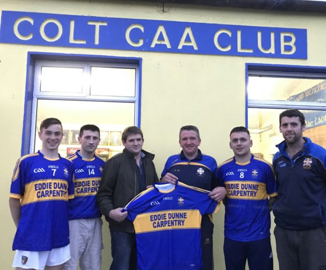 James Keyes, Gearoid Parkinson, Mark McDonald and Enda Phelan (Secretary) with Padraig Dunne, Chairman of Colt GAA, Club receiving a new set of club jerseys, from Eddie Dunne of Eddie Dunne Carpentry