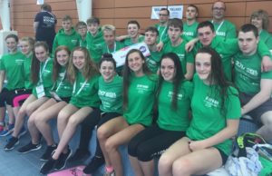 Nicole Turner, front, and Seán Scannell, back, with the rest of the Swim Ireland team at the UK Schools Swimming Championships