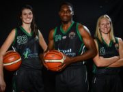 Portlaoise Panthers players, from left, Stephanie Poland, Tim Stewart and Stephanie Schmid pictured at the official launch of the Basketball Ireland season 2017/18