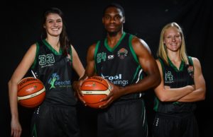 Portlaoise Panthers players, from left, Stephanie Poland, Tim Stewart and Stephanie Schmid pictured at the official launch of the Basketball Ireland season 2017/18