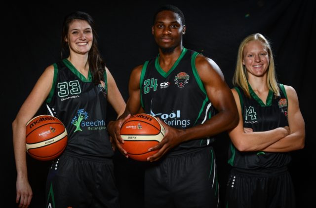 Portlaoise Panthers players, from left, Stephanie Poland, Tim Stewart and Stephanie Schmid pictured at the official launch of the Basketball Ireland season 2017/18