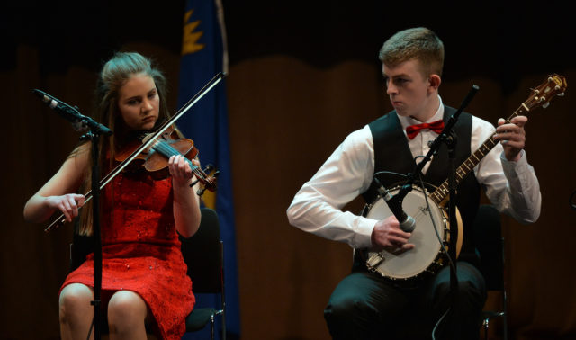 The Borris/Kilcotton entry, representing Laois and Leinster, competing in the Ceol Uirlise competition in the Scór na nÓg Final 2017 at Waterfront Hotel in Belfast