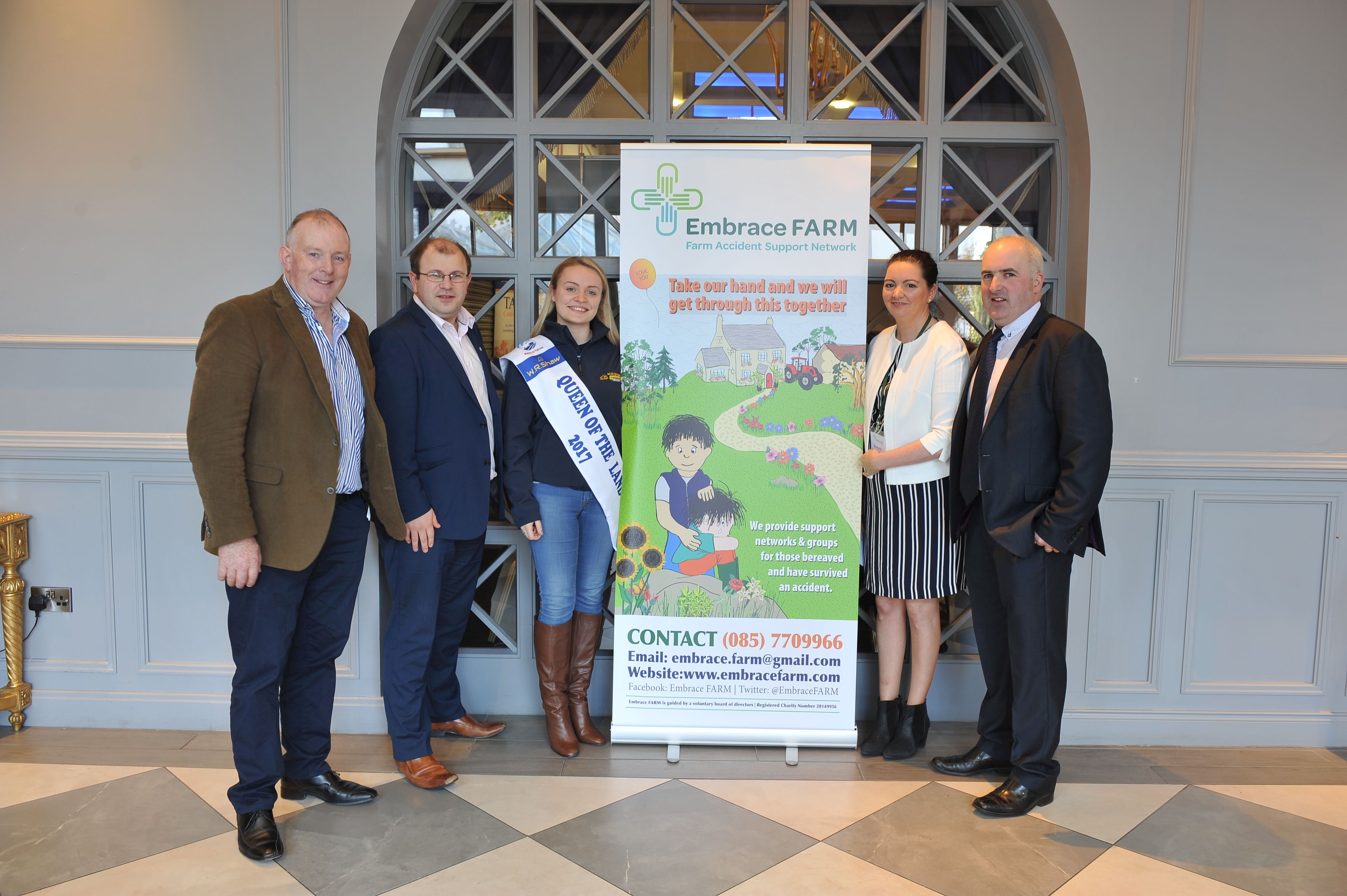 Pictured at the Embrace Farm Accident Survivors Conference in Portlaoise-on November 25 were Francie O’Gorman, Ballinakill, Chairman Laois IFA, James Healy, National President of Macra Na Feirme, Emma Birchall, Queen of the Land with Brian and Norma Rohan, Mountrath, Co. Laois, founders of Embrace Farm