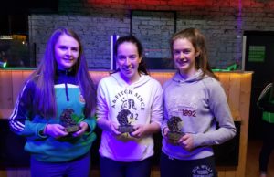Portlaoise Camogie members Sara Fleming, Niamh Crowley and Amy Byrne who were part of the Laois U-16 All Ireland Team who were presented trophies from the club in recognition of the accomplishment