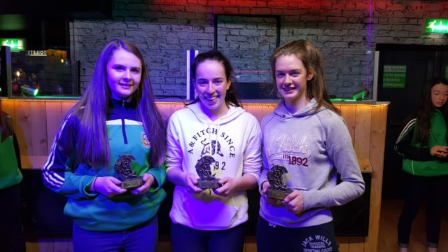 Portlaoise Camogie members Sara Fleming, Niamh Crowley and Amy Byrne who were part of the Laois U-16 All Ireland Team who were presented trophies from the club in recognition of the accomplishment