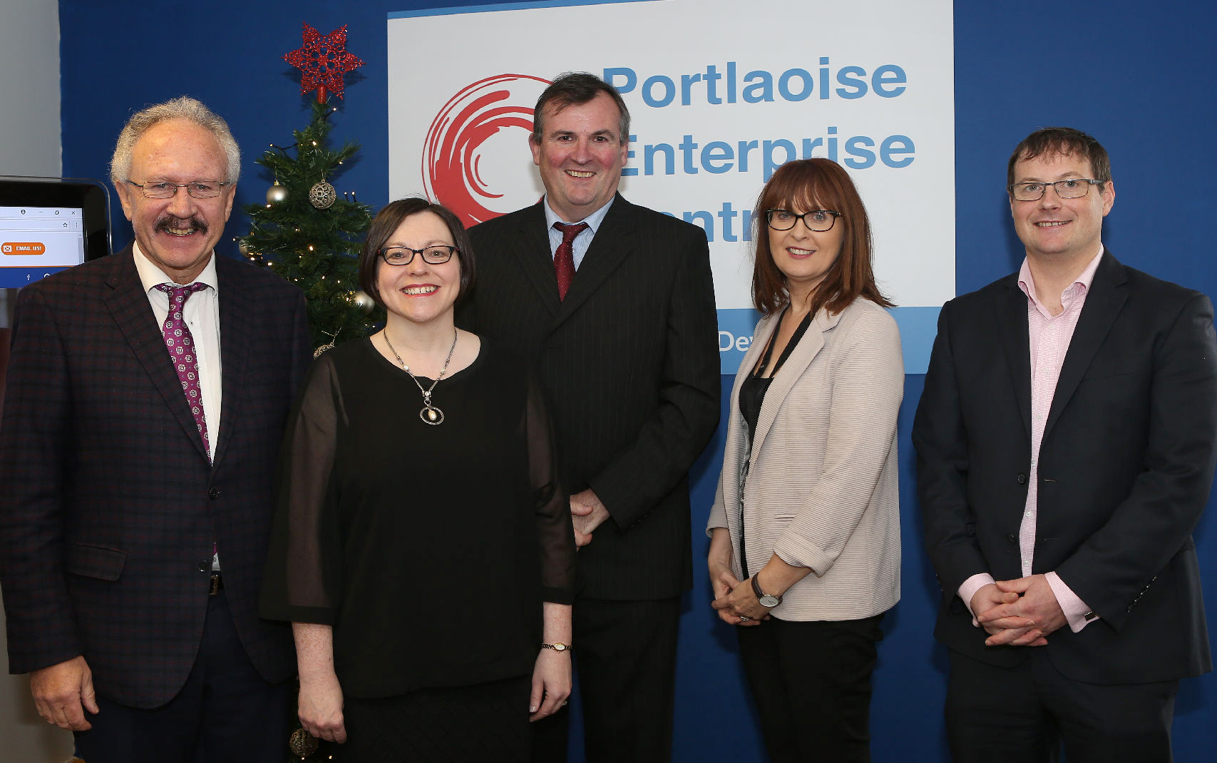 At the 10th. Anniversary of Portlaoise Enterprise Centre , were: Clr. Padraig Fleming ( Cathaoirleach Laois Co. Council ), Patricia Frayne (Centre Co-ordinator ), John Mulholland ( CEO Laois Co Council ), Evelyn Reddin ( Head of Enterprise LEO ) andBrian Ogilvie ( Chair, Board of Directors ).