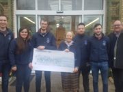 Members of the East Laois Macra present the cheque: Stephen George, Maeve Phelan, Murtagh Condron, Sr. Consilio, Kieran George, Peter Farrell, Liam McLoughlin to Sr. Consilio & Liam McLoughlin