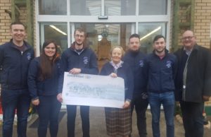 Members of the East Laois Macra present the cheque: Stephen George, Maeve Phelan, Murtagh Condron, Sr. Consilio, Kieran George, Peter Farrell, Liam McLoughlin to Sr. Consilio & Liam McLoughlin