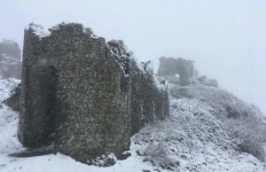 The Rock of Dunamase is glistening in snow