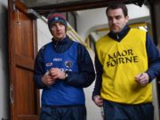 Laois manager John Sugrue, left, and selector Eoin Kearns ahead of the Bord na Móna OByrne Cup Group 4 First Round match between Westmeath and Laois at TEG Cusack Park in Westmeath