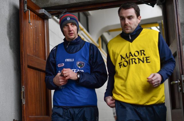 Laois manager John Sugrue, left, and selector Eoin Kearns ahead of the Bord na Móna OByrne Cup Group 4 First Round match between Westmeath and Laois at TEG Cusack Park in Westmeath