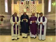 Fr Eugen Dragos, Bishop Denis Nulty, Bishop Aurel Perca, Fr Marcelin Rediu (the Romanian priest)